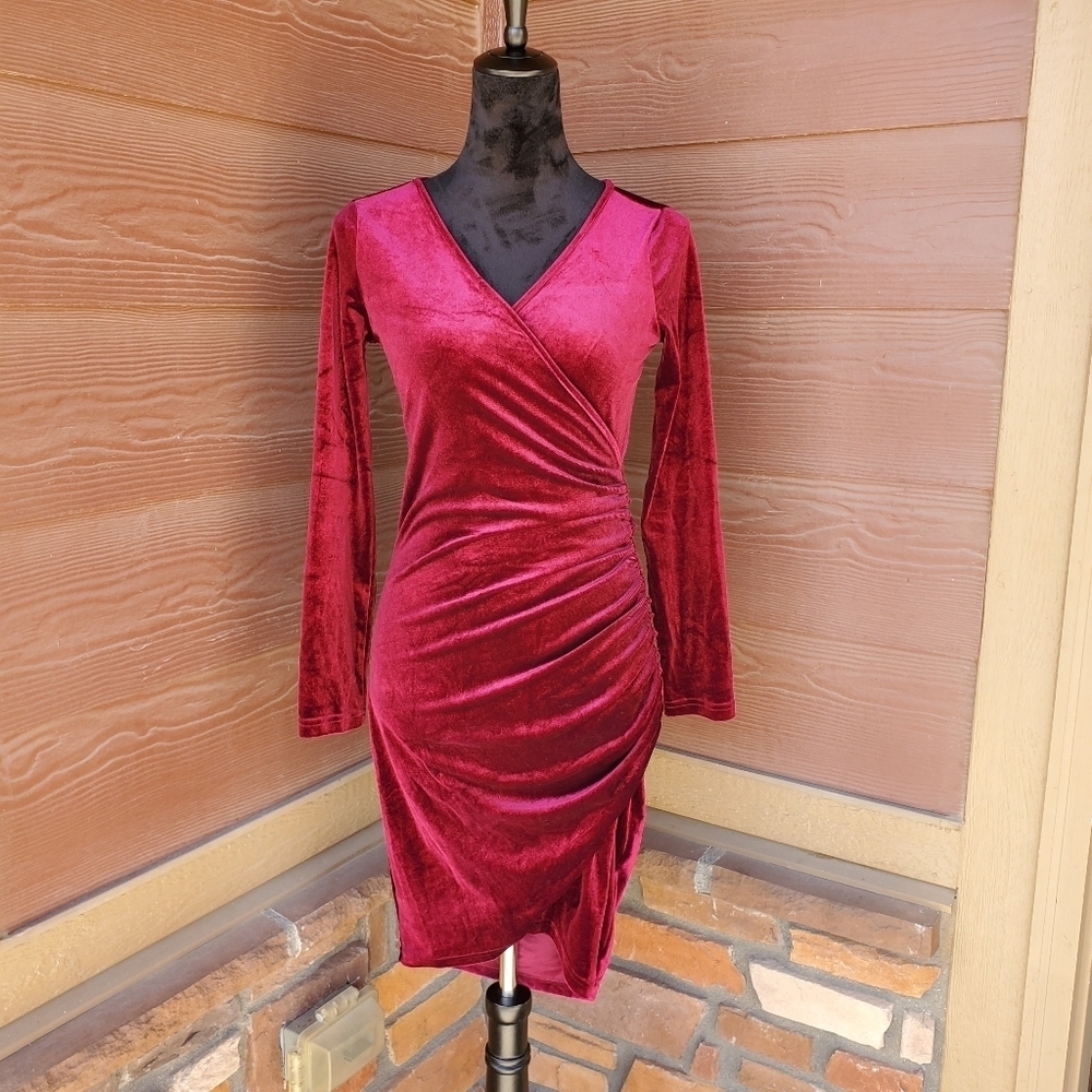 Guberry Burgundy Red Velvet Faux Wrap Ruched Long Sleeve Stretchy Plunge Dress - Picture 3 of 14